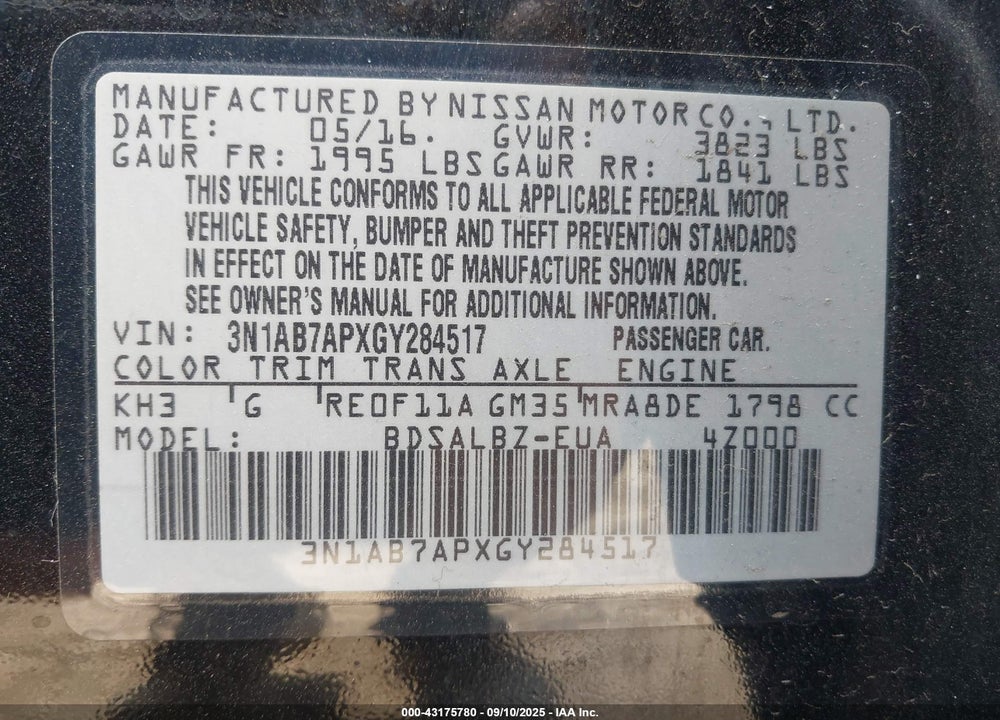 2016 NISSAN SENTRA VIN: 3N1AB7APXGY284517