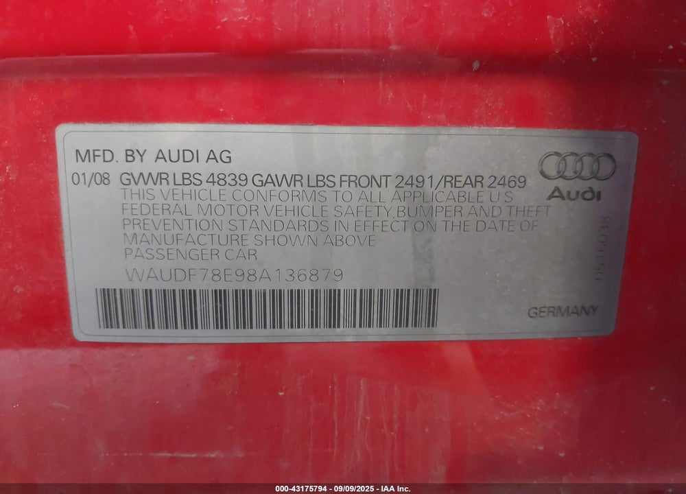 2008 AUDI A4 VIN: WAUDF78E98A136879