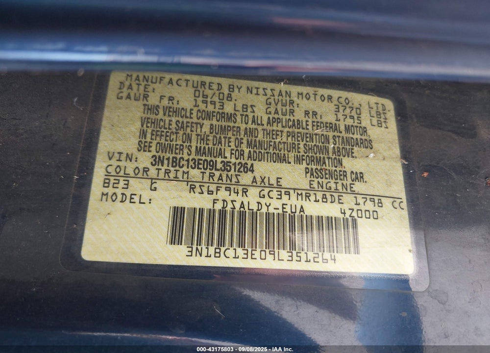 2009 NISSAN VERSA 1.8S VIN: 3N1BC13E09L351264