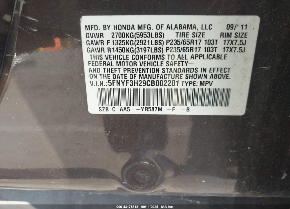 2012 HONDA PILOT VIN: 5FNYF3H29CB002201