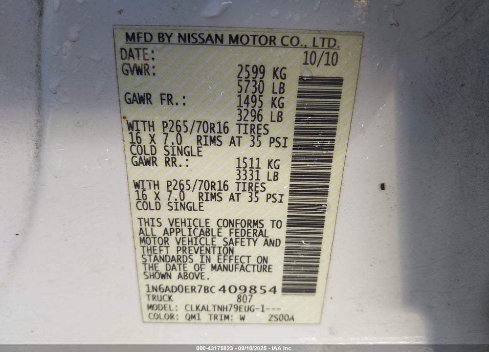 2011 NISSAN FRONTIER VIN: 1N6AD0ER7BC409854