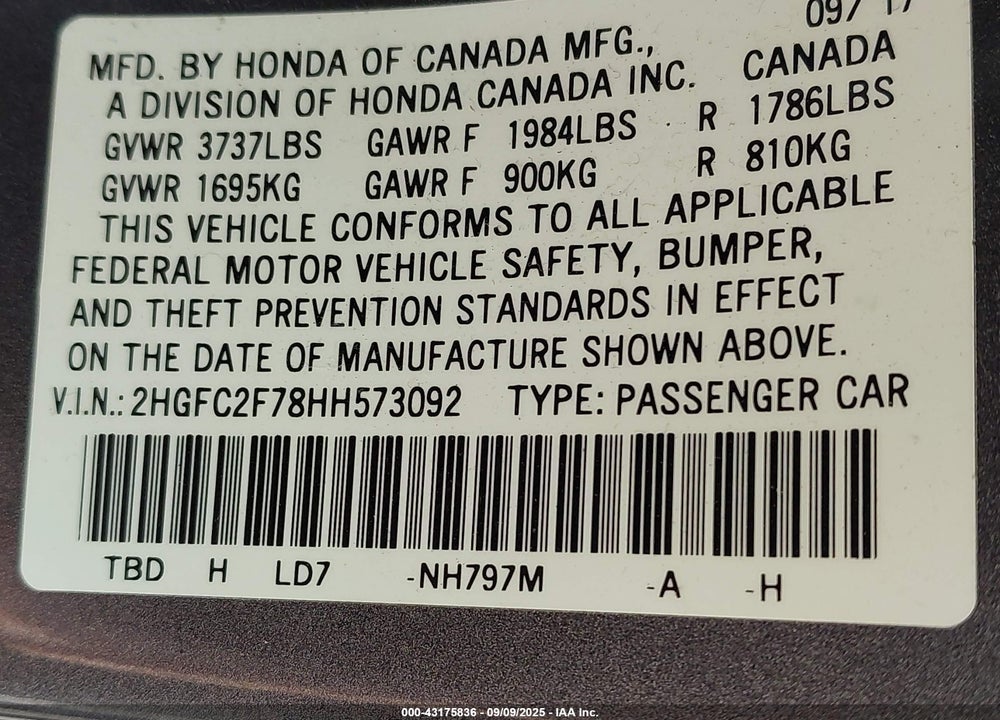 2017 HONDA CIVIC VIN: 2HGFC2F78HH573092