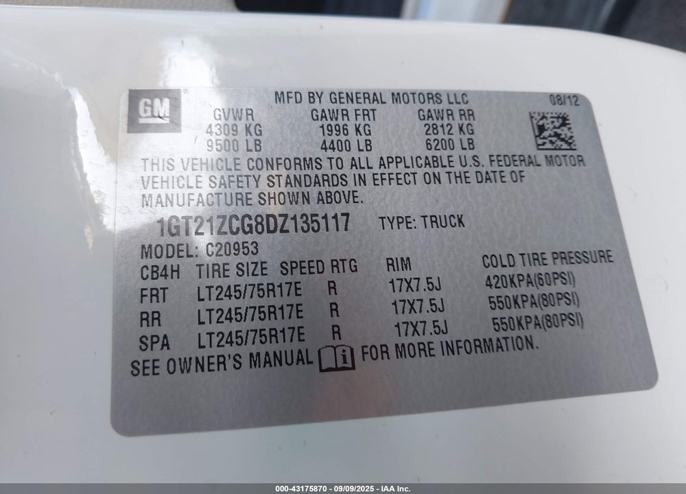 2013 GMC SIERRA VIN: 1GT21ZCG8DZ135117