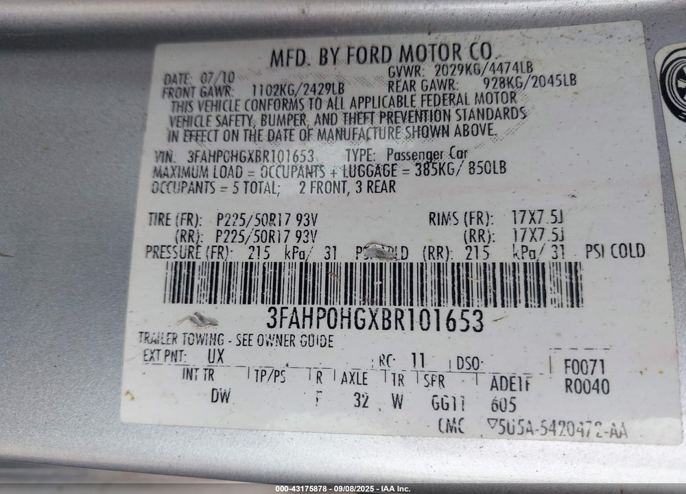 2011 FORD FUSION VIN: 3FAHP0HGXBR101653