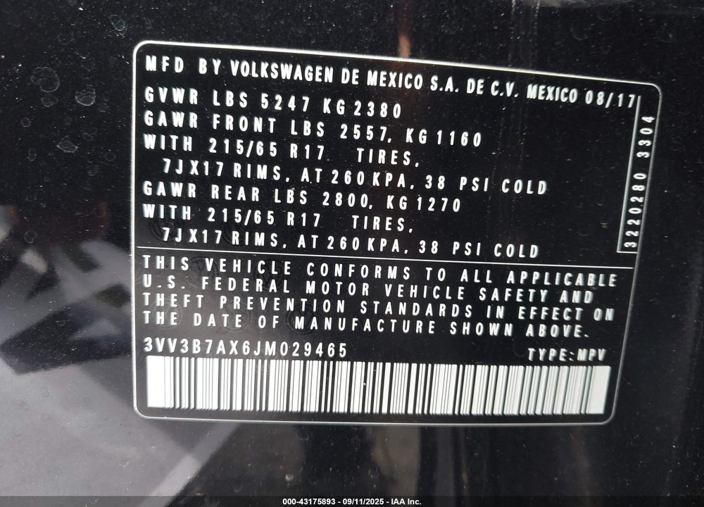 2018 VOLKSWAGEN TIGUAN VIN: 3VV3B7AX6JM029465
