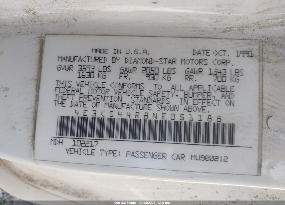 1992 EAGLE TALON VIN: 4E3CS44R8NE051188