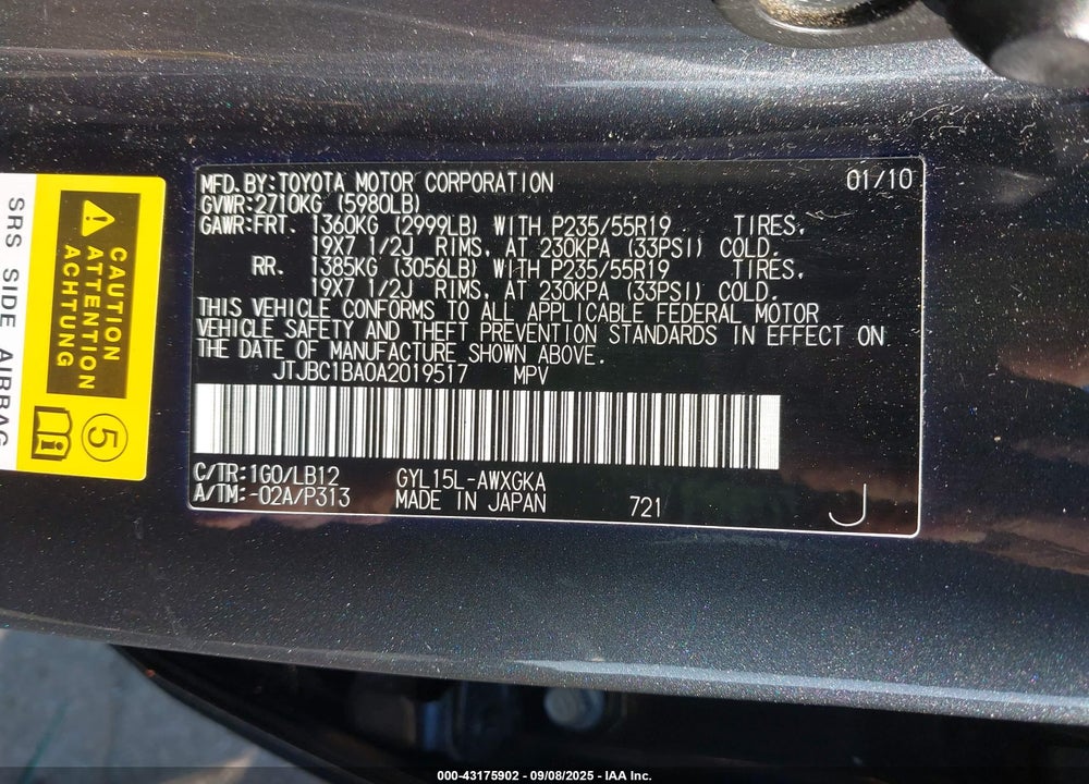 2010 LEXUS RX 450H VIN: JTJBC1BA0A2019517