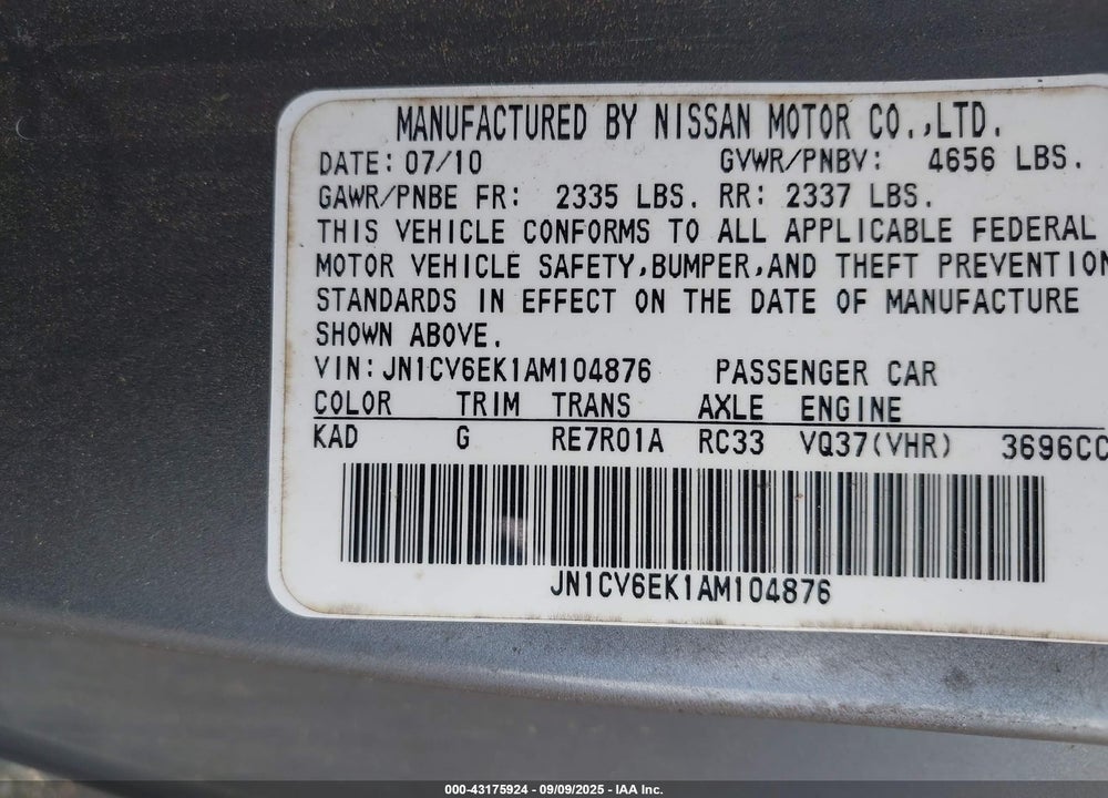 2010 INFINITI G37 VIN: JN1CV6EK1AM104876