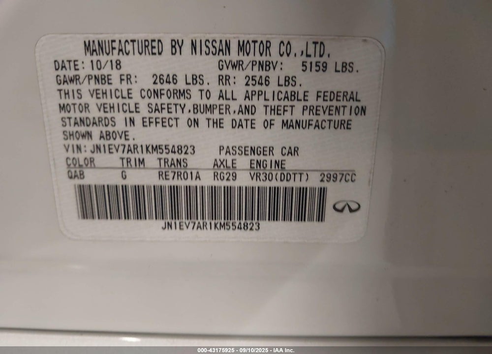 2019 INFINITI Q50 3.0T LUXE VIN: JN1EV7AR1KM554823
