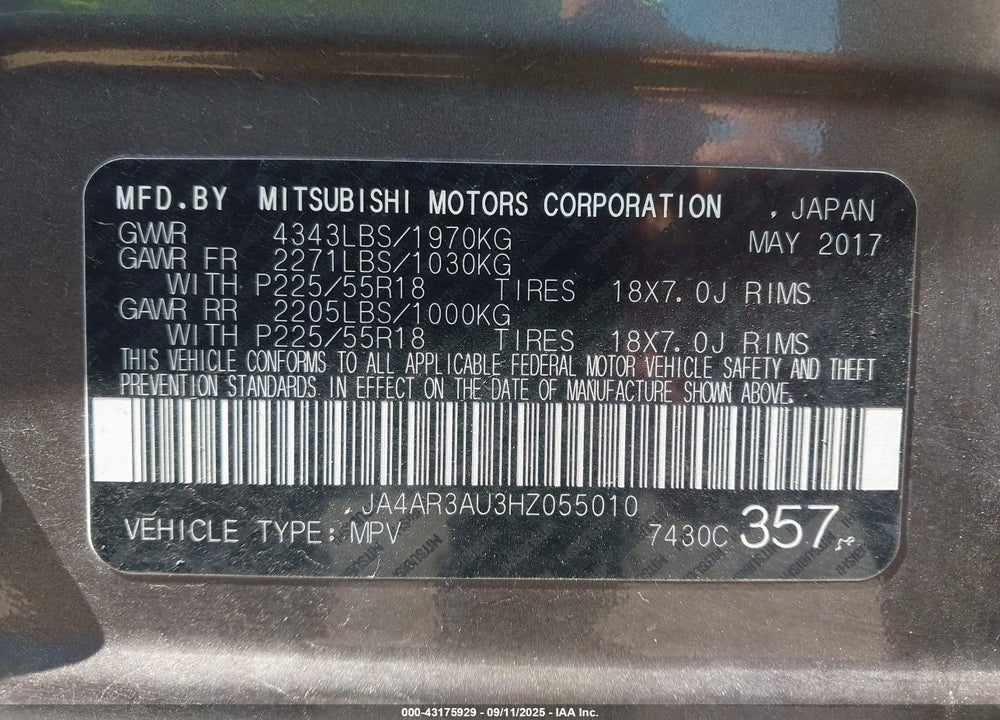 2017 MITSUBISHI OUTLANDER SPORT VIN: JA4AR3AU3HZ055010