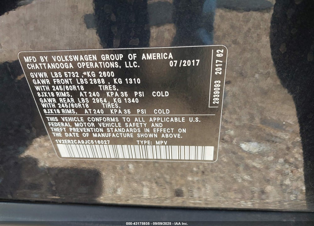 2018 VOLKSWAGEN ATLAS 3.6L V6 SEL VIN: 1V2ER2CA9JC516027
