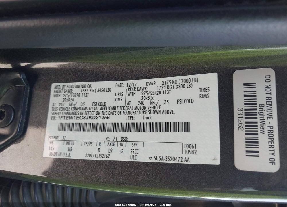 2018 FORD F-150 VIN: 1FTEW1EG8JKD21256