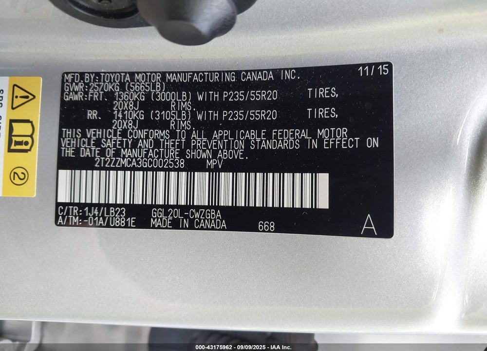 2016 LEXUS RX 350 VIN: 2T2ZZMCA3GC002538