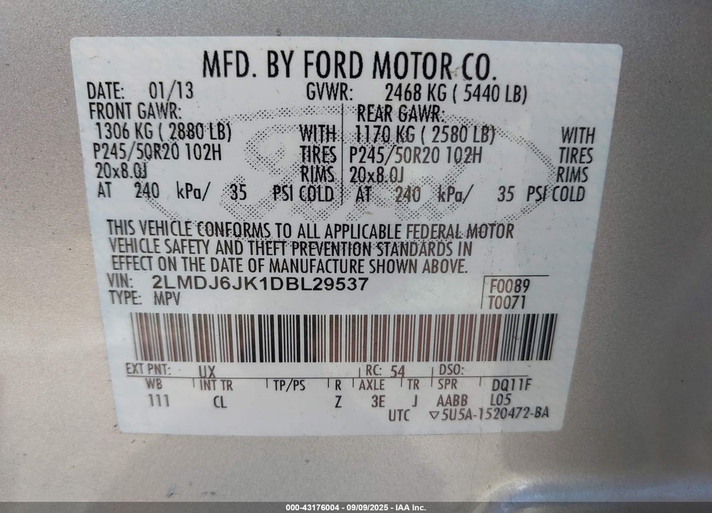 2013 LINCOLN MKX VIN: 2LMDJ6JK1DBL29537