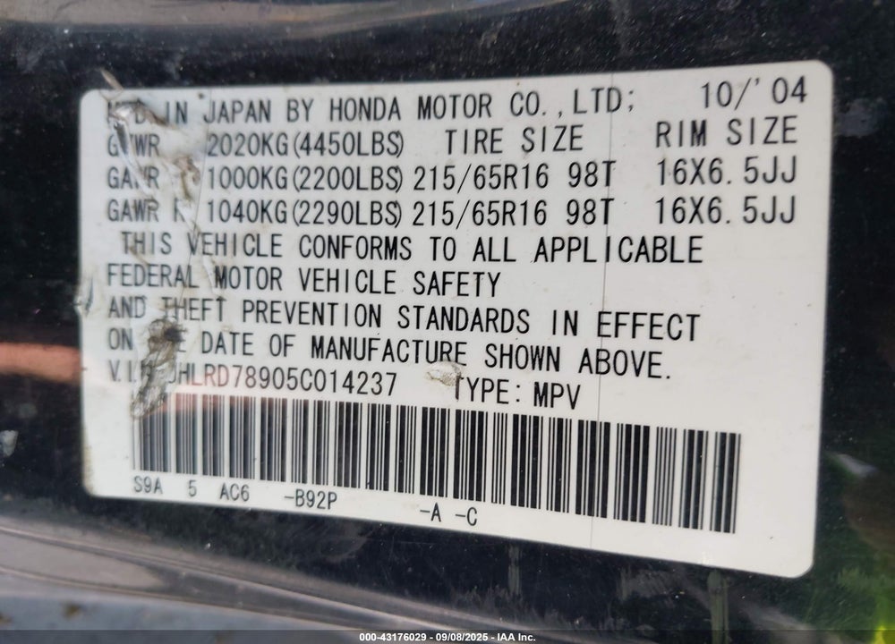2005 HONDA CR-V SE VIN: JHLRD78905C014237