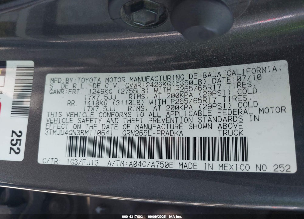2011 TOYOTA TACOMA VIN: 3TMJU4GN3BM110641