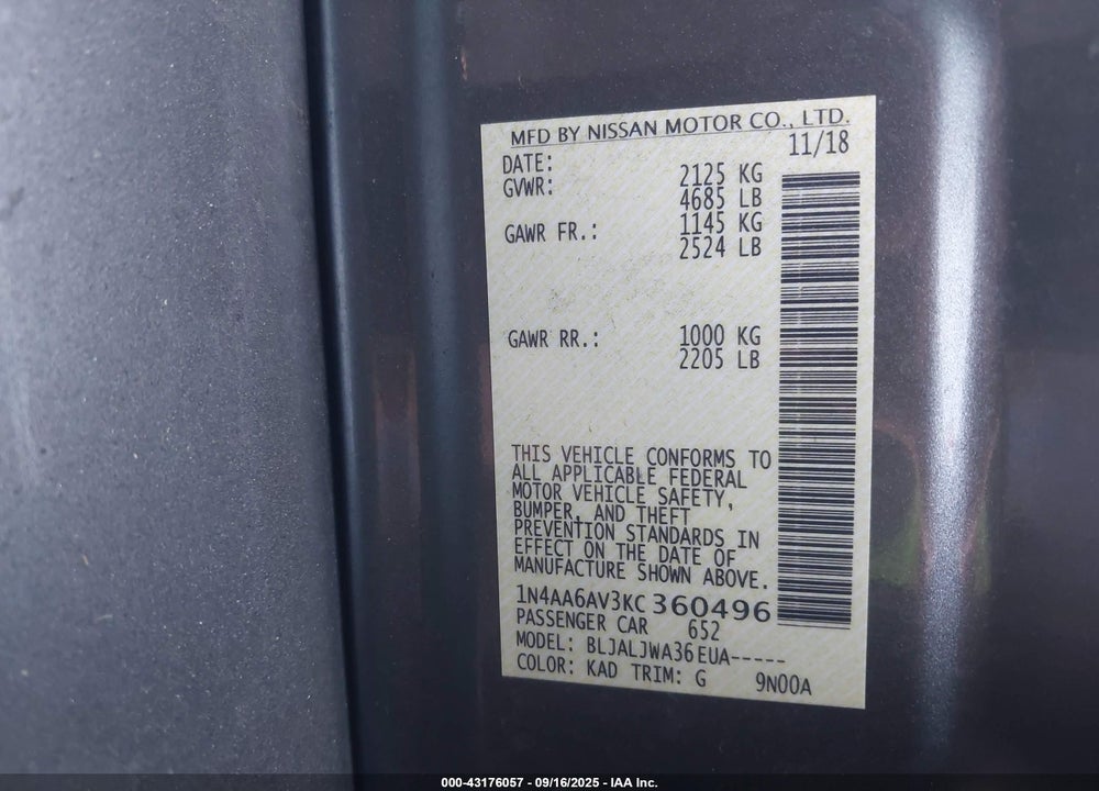 2019 NISSAN MAXIMA VIN: 1N4AA6AV3KC360496