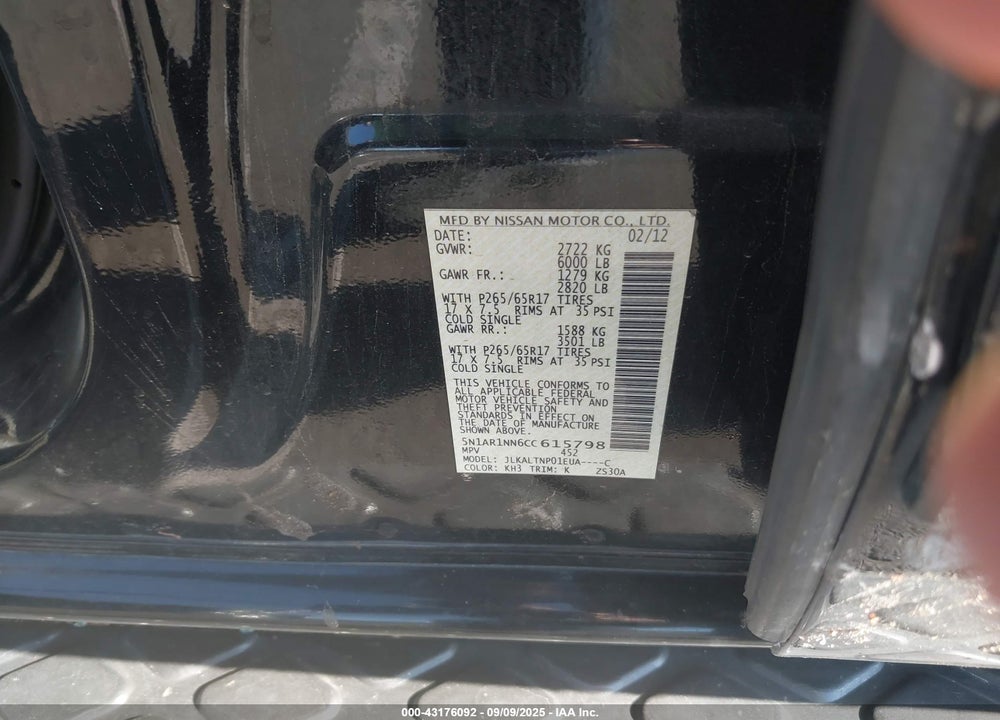 2012 NISSAN PATHFINDER SV VIN: 5N1AR1NN6CC615798