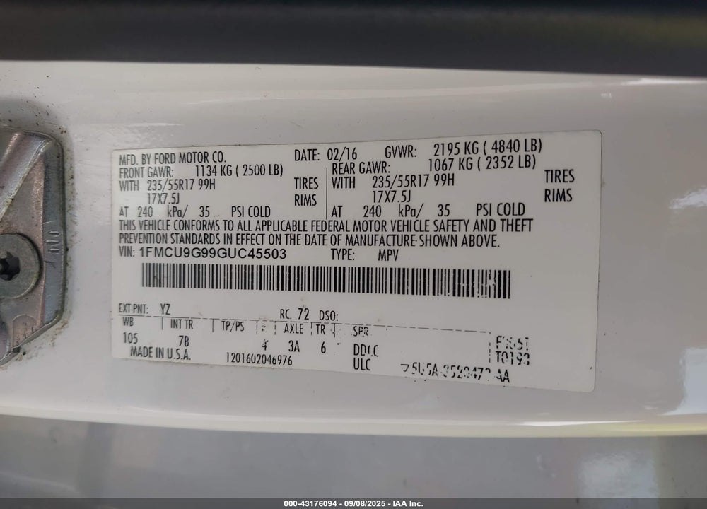 2016 FORD ESCAPE VIN: 1FMCU9G99GUC45503