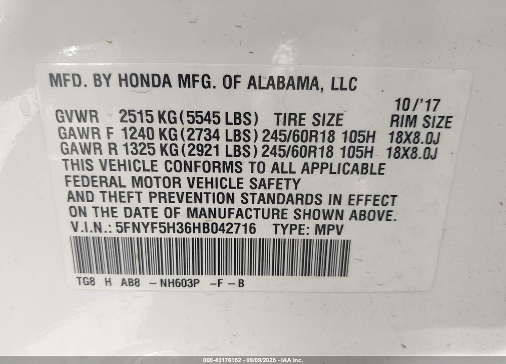 2017 HONDA PILOT VIN: 5FNYF5H36HB042716