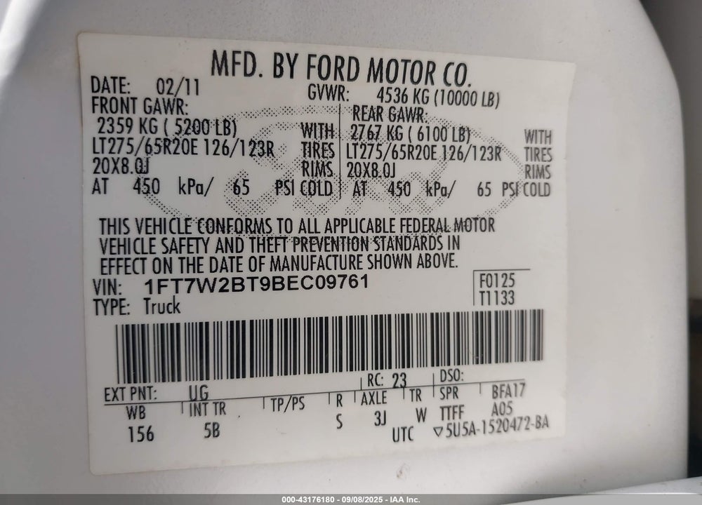 2011 FORD F-250 VIN: 1FT7W2BT9BEC09761