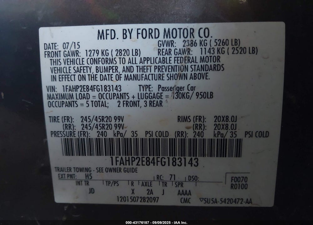2015 FORD TAURUS VIN: 1FAHP2E84FG183143