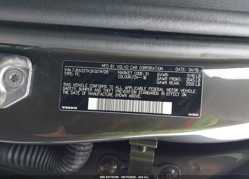 2019 VOLVO S60 T6 MOMENTUM VIN: 7JRA22TK2KG014128