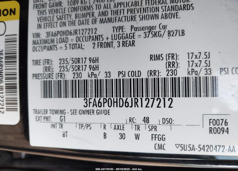 2018 FORD FUSION VIN: 3FA6P0HD6JR127212