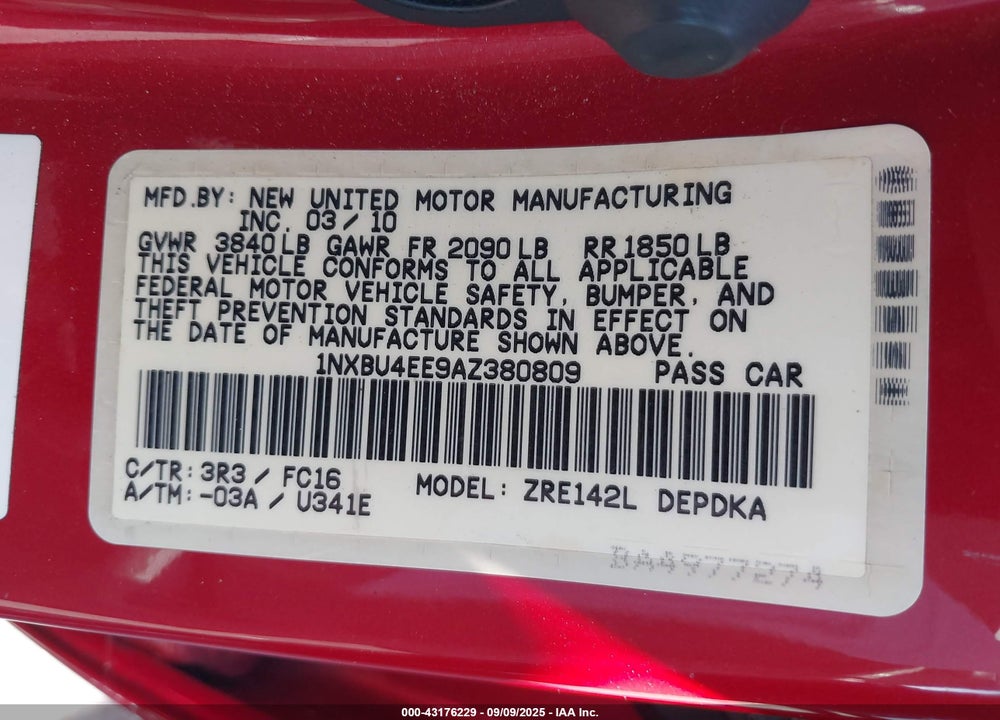 2010 TOYOTA COROLLA VIN: 1NXBU4EE9AZ380809