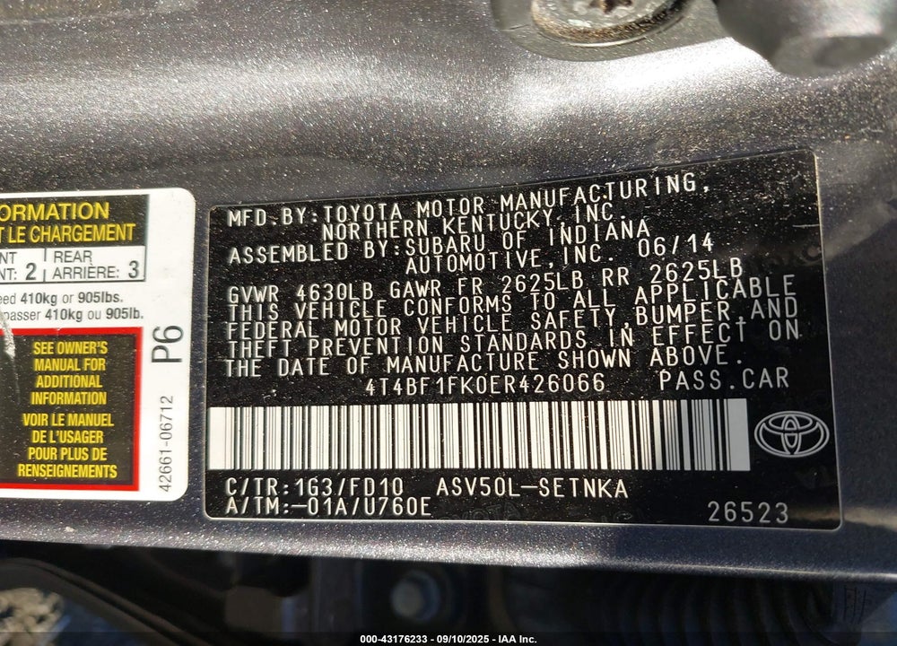 2014 TOYOTA CAMRY VIN: 4T4BF1FK0ER426066