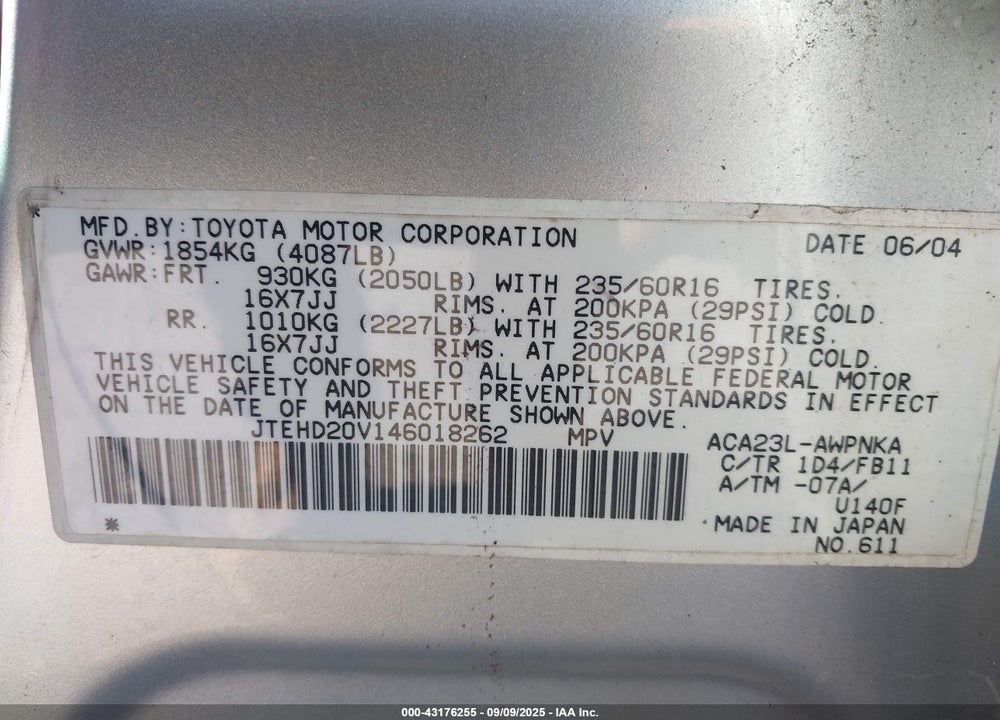 2004 TOYOTA RAV4 VIN: JTEHD20V146018262