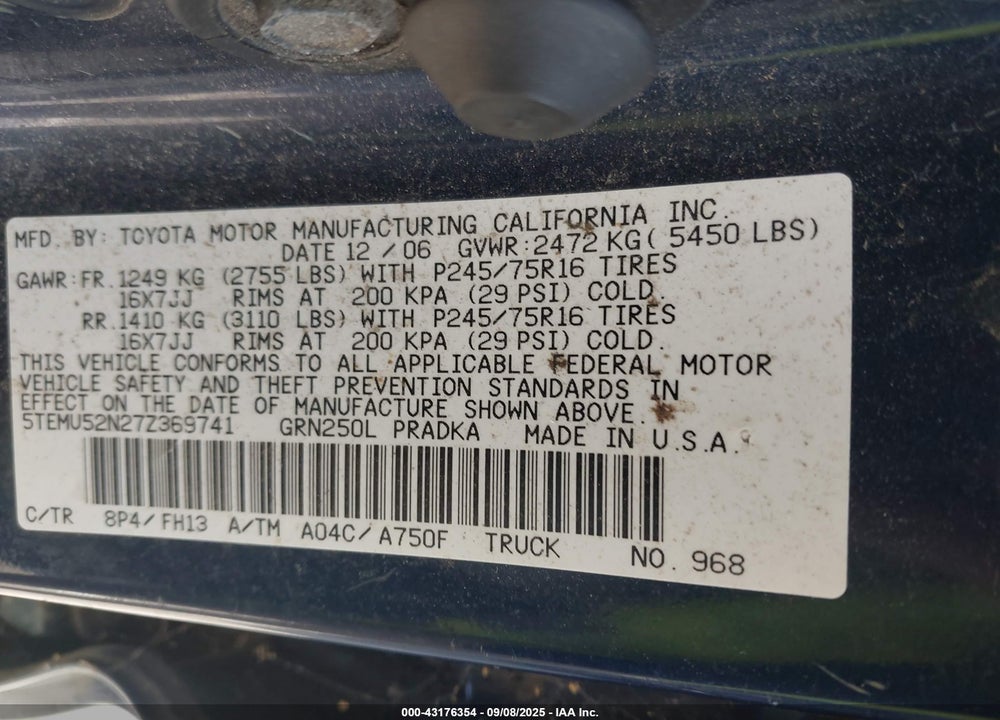 2007 TOYOTA TACOMA VIN: 5TEMU52N27Z369741