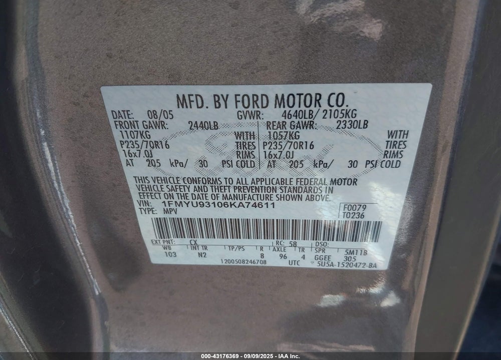 2006 FORD ESCAPE XLT/XLT SPORT VIN: 1FMYU93106KA74611