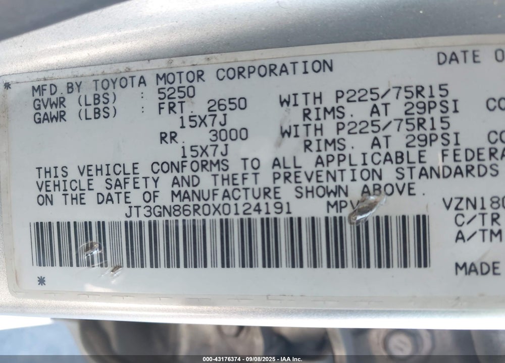 1999 TOYOTA 4RUNNER SR5 V6 VIN: JT3GN86R0X0124191