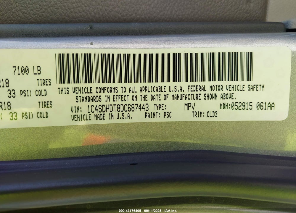 2013 DODGE DURANGO VIN: 1C4SDHDT8DC687443