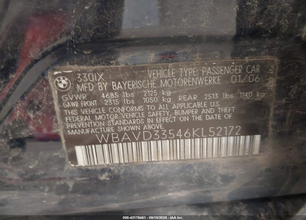 2006 BMW 330XI VIN: WBAVD33546KL52172