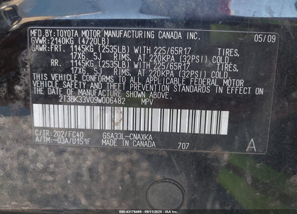 2009 TOYOTA RAV4 VIN: 2T3BK33V09W006482