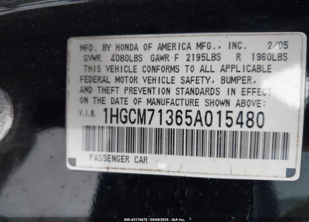 2005 HONDA ACCORD 2.4 LX VIN: 1HGCM71365A015480