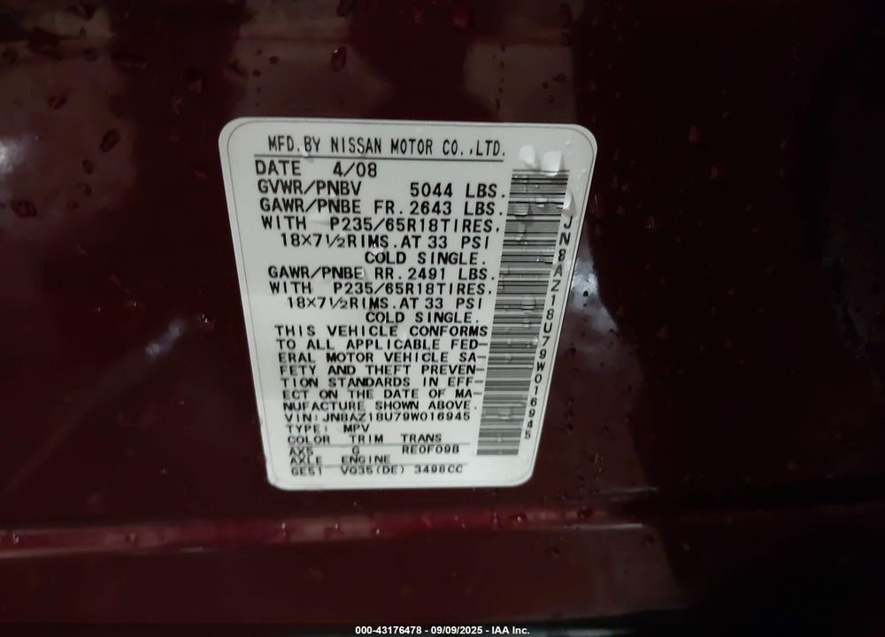 2009 NISSAN MURANO SL VIN: JN8AZ18U79W016945