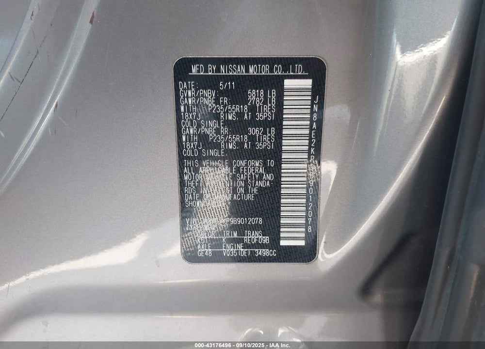 2011 NISSAN QUEST SL VIN: JN8AE2KP9B9012078