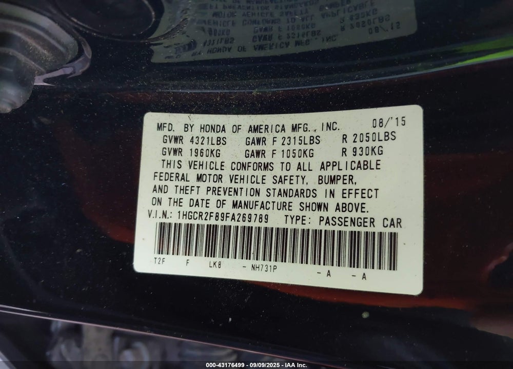 2015 HONDA ACCORD VIN: 1HGCR2F89FA269789