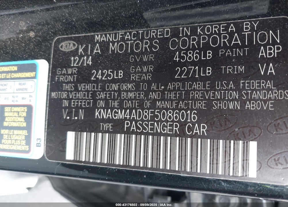 2015 KIA OPTIMA HYBRID VIN: KNAGM4AD8F5086016