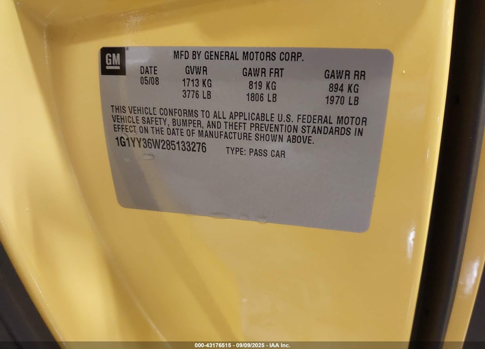 2008 CHEVROLET CORVETTE VIN: 1G1YY36W285133276