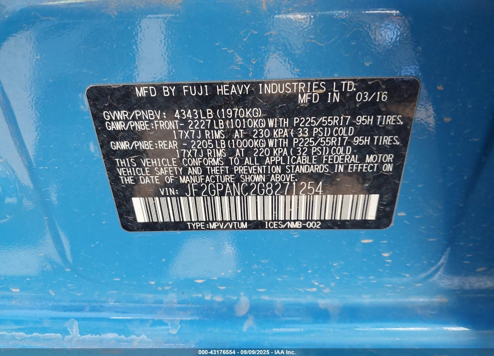2016 SUBARU CROSSTREK VIN: JF2GPANC2G8271254