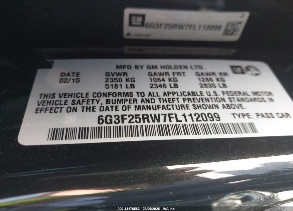 2015 CHEVROLET SS VIN: 6G3F25RW7FL112099