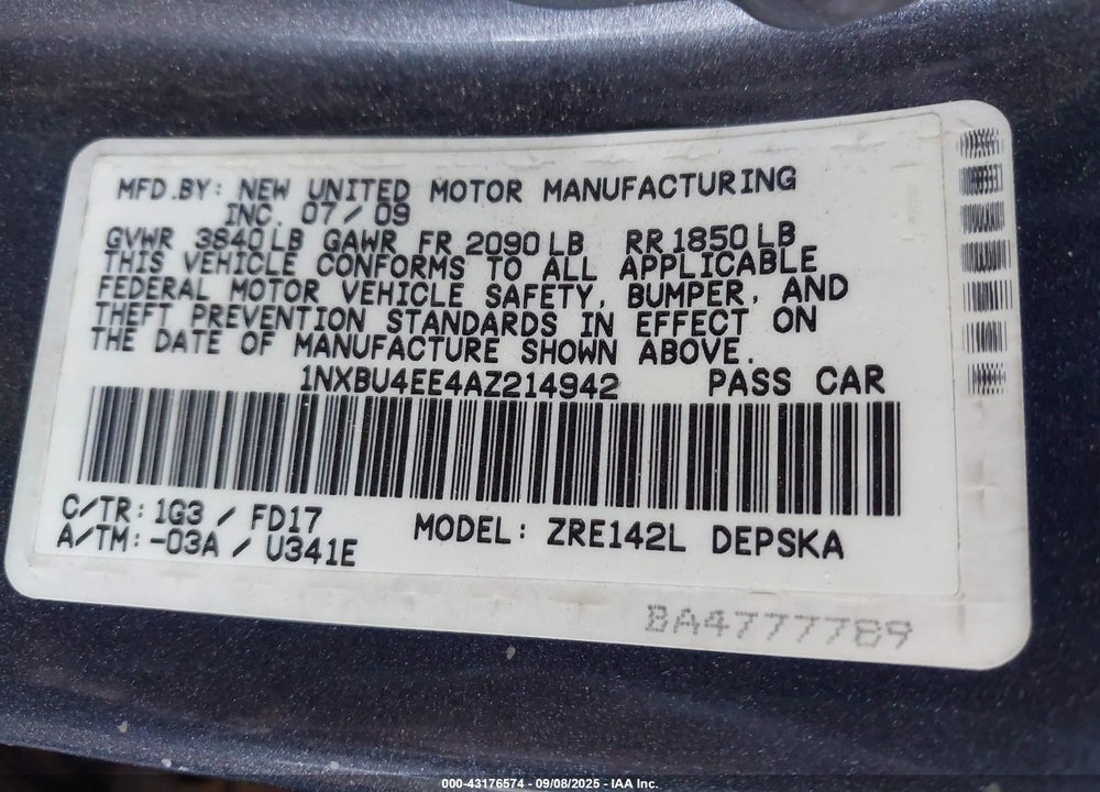 2010 TOYOTA COROLLA VIN: 1NXBU4EE4AZ214942