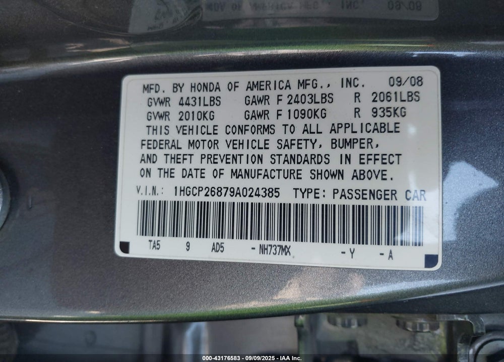 2009 HONDA ACCORD VIN: 1HGCP26879A024385