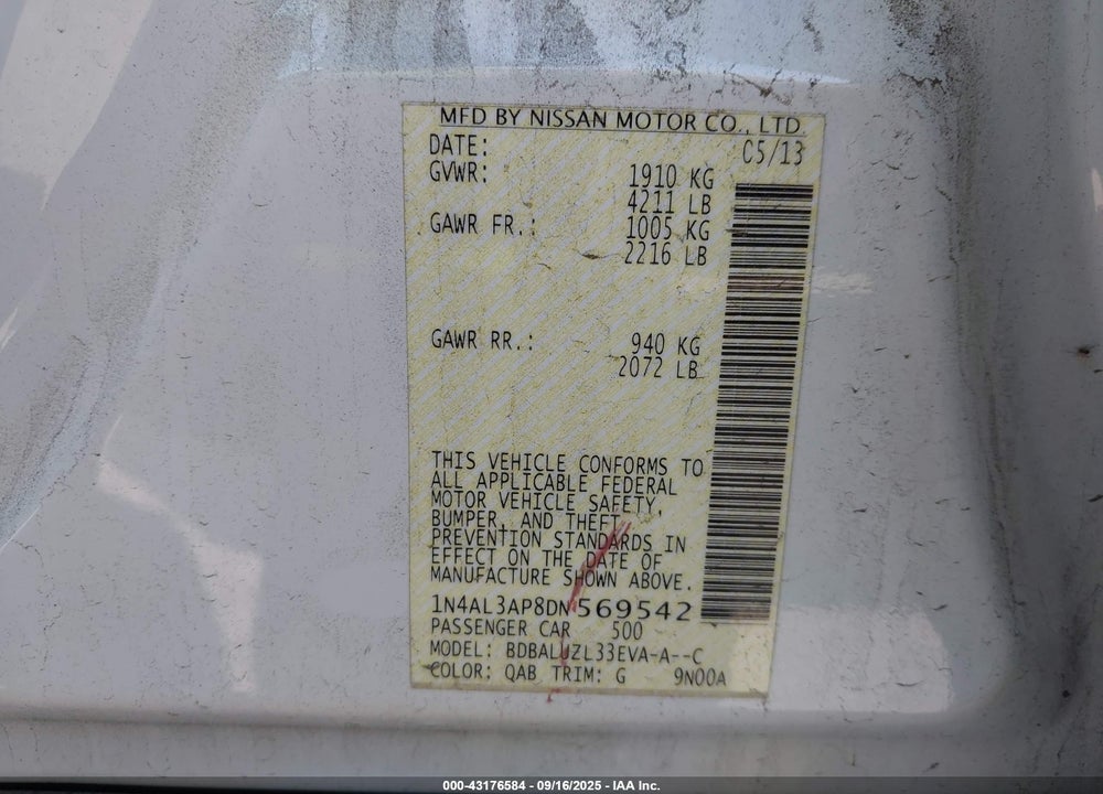2013 NISSAN ALTIMA 2.5 SV VIN: 1N4AL3AP8DN569542