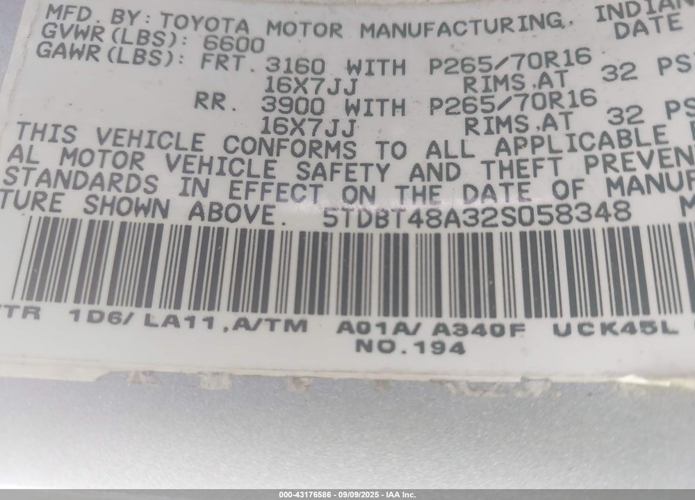 2002 TOYOTA SEQUOIA LIMITED V8 VIN: 5TDBT48A32S058348