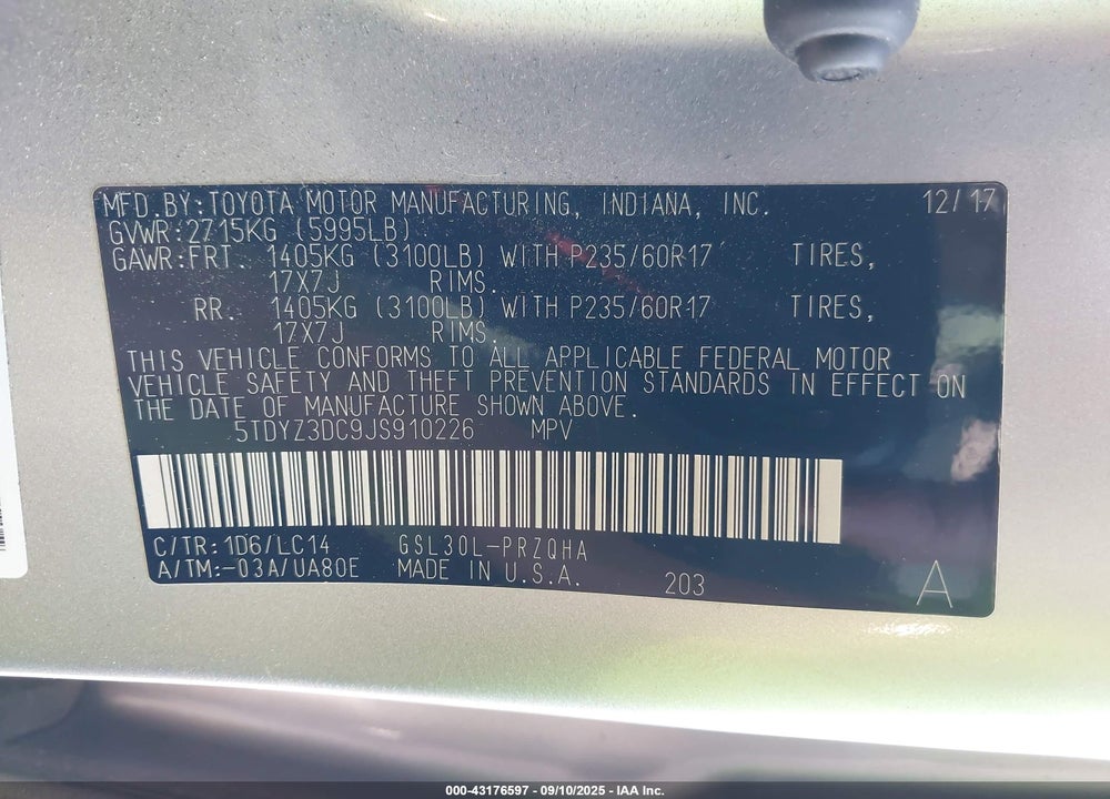 2018 TOYOTA SIENNA VIN: 5TDYZ3DC9JS910226